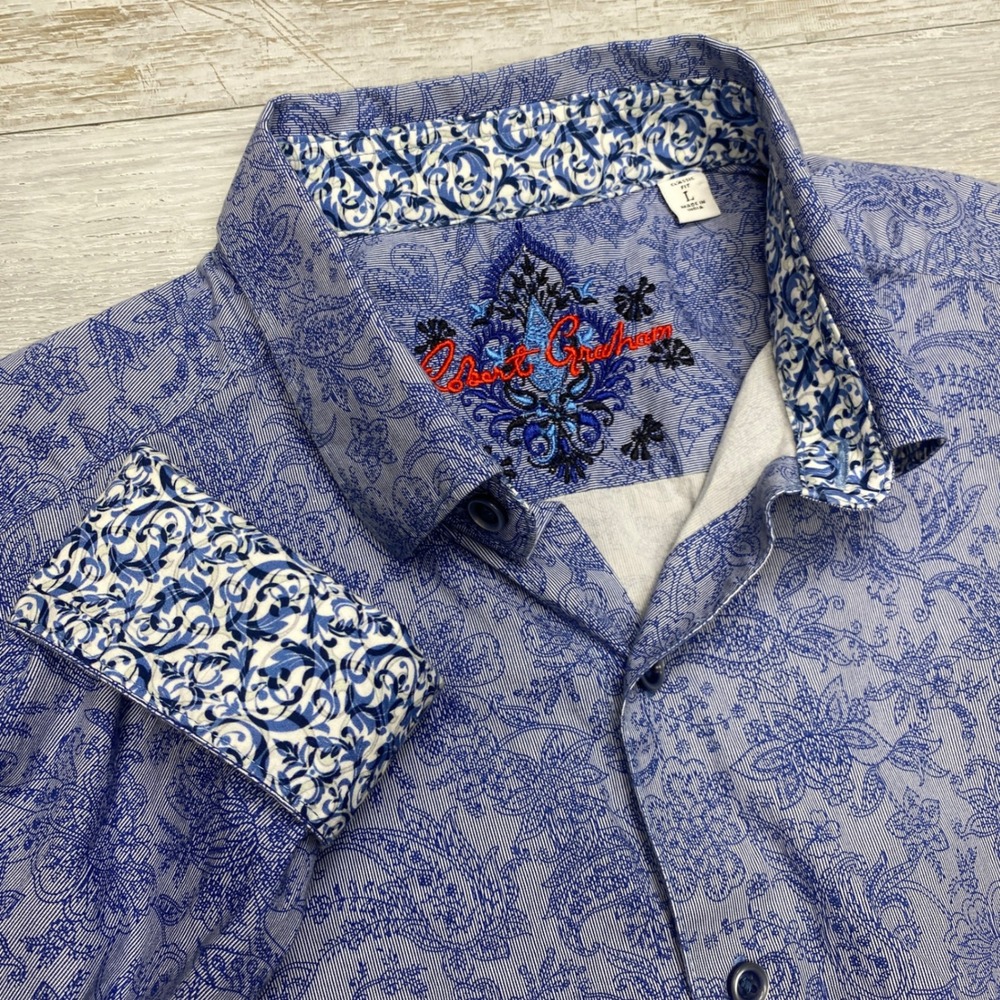 Robert Graham Button Front Shirt Mens L Blue Floral Paisley Classic Fit Long Slv